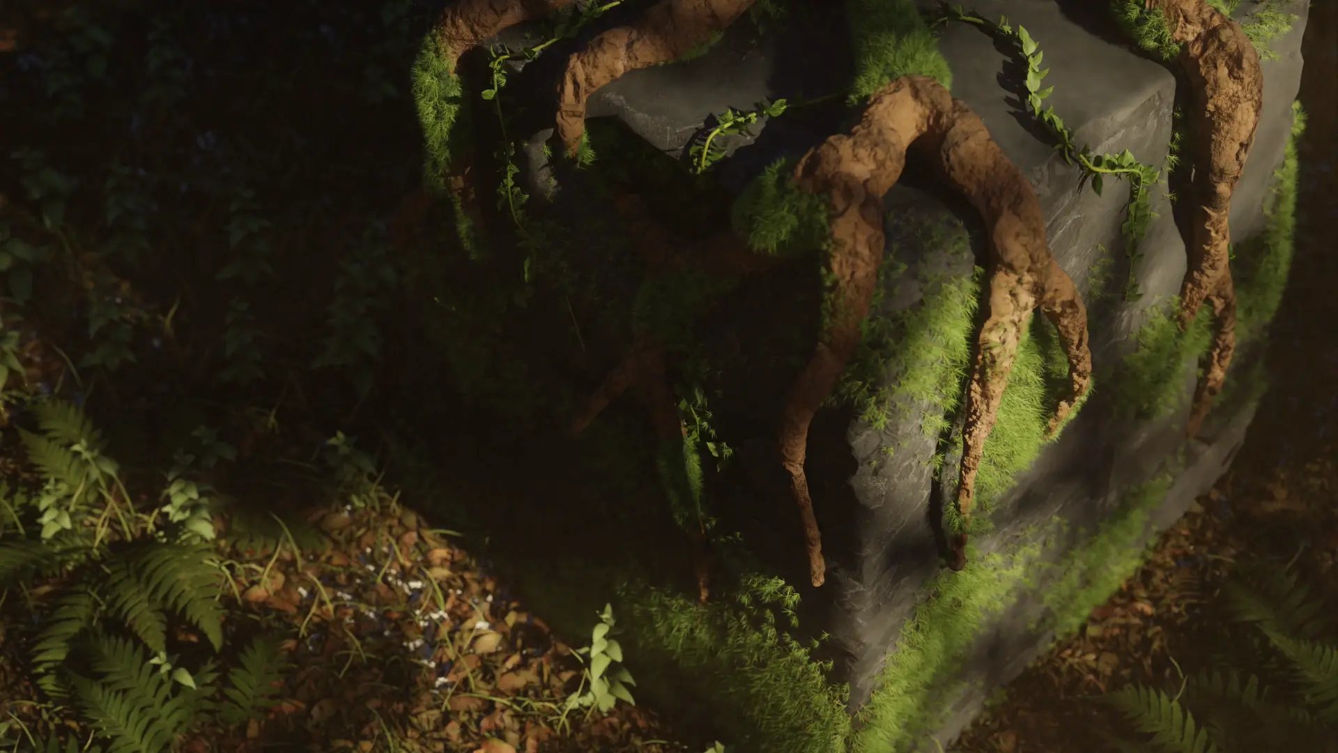 Roots digging into a stone cube with overgrown moss