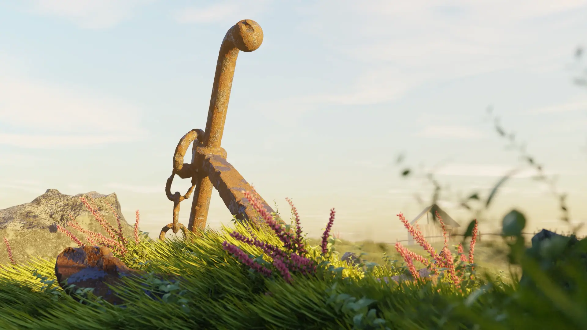 A rusty anchor surrounded by grasses