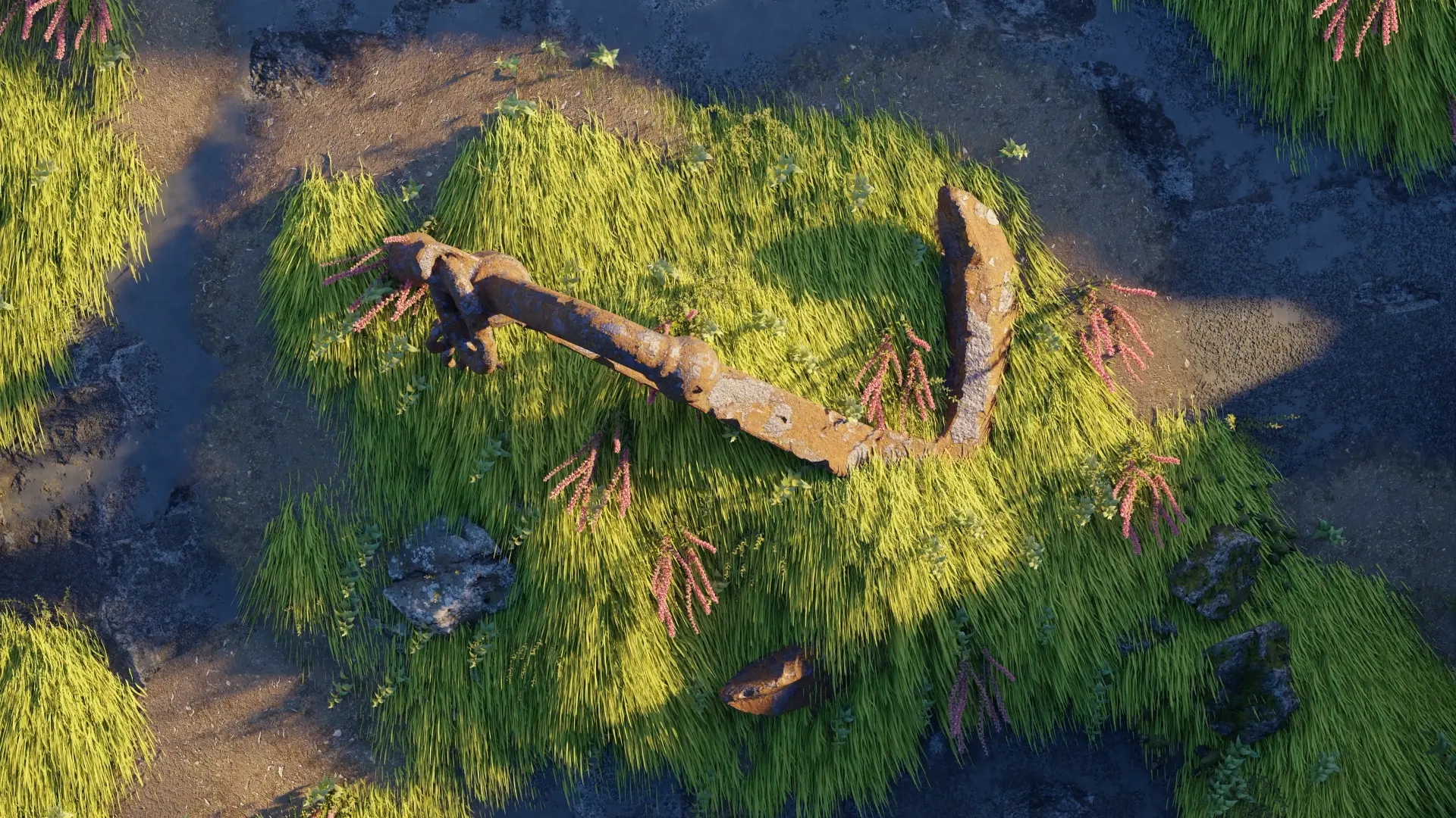 A rusty anchor surrounded by grasses