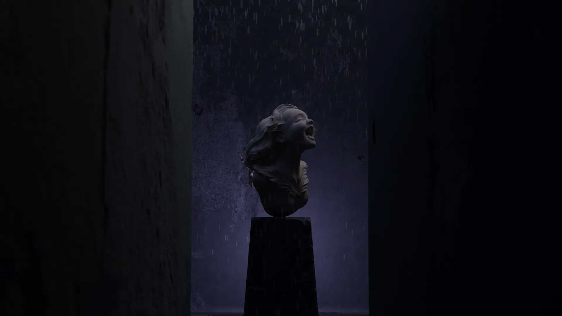 Statue of a girl laughing sitting on top of a pillar in a dark rainy room
