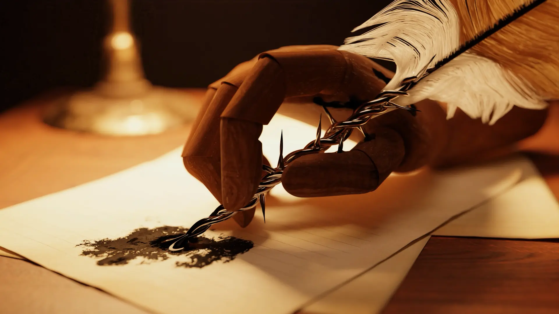 A wooden hand holding a feather quill with ink spilling out