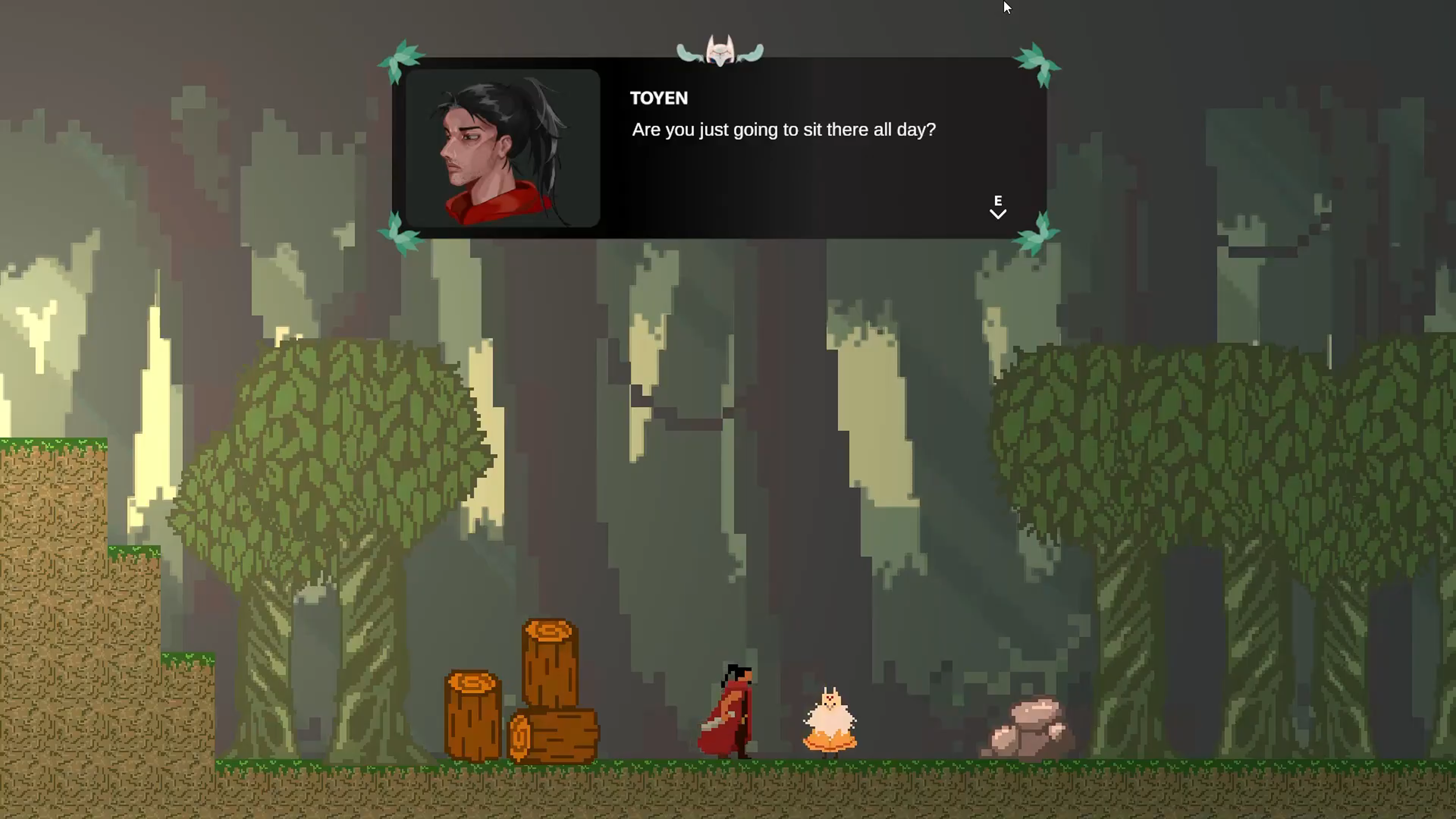 A game character talking to an NPC in a forest background