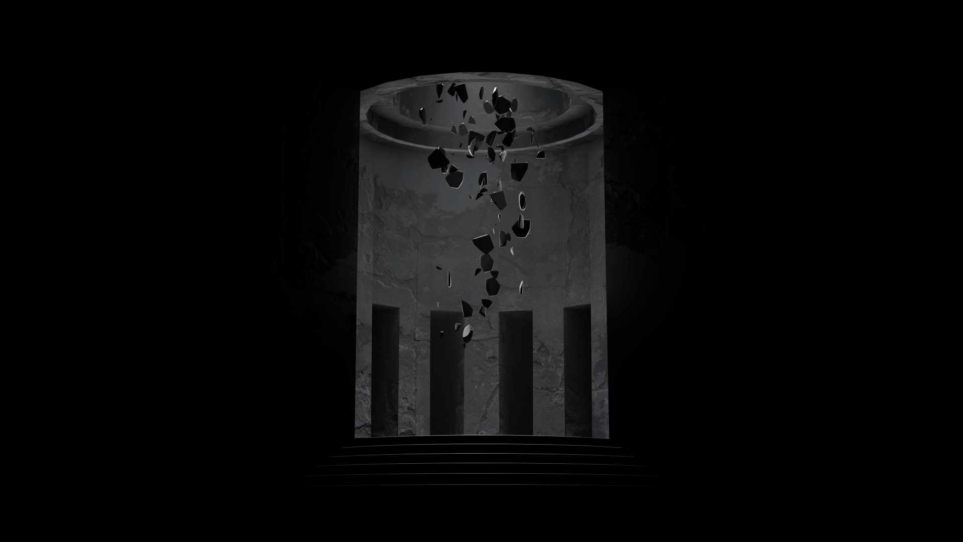 A circular grey room with mirror shards floating